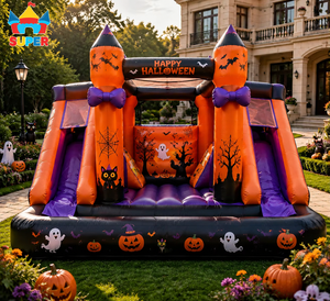 Château gonflable commercial d'Halloween pour enfants, avec toboggan, piscine à balles et zone de saut en forme de lune, idéal pour les fêtes d'enfants - Product Image 1