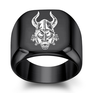 Men's Square Stainless Steel <b>Ring</b> 18MM Monster Pattern Laser Engraved Gold Color Fashion Jewelry Gift - Product Image 4