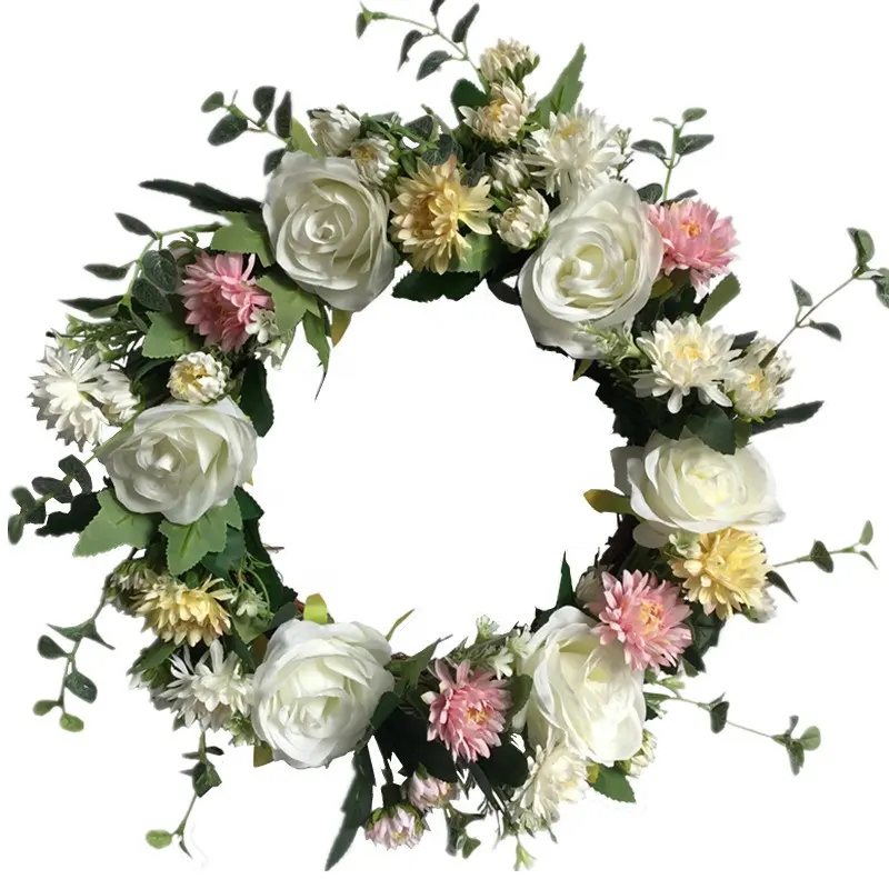 Corona decorativa de seda Artificial para boda, corona Floral de crisantemo con rosas para puerta