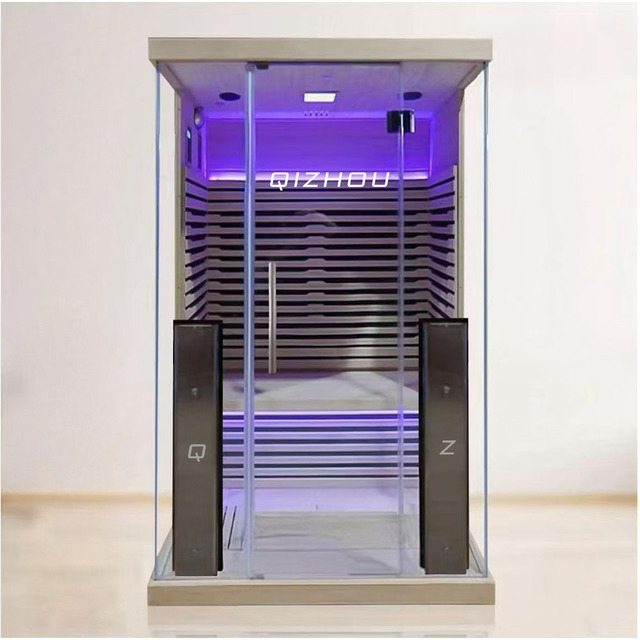 Solid Wood Hemlock Modern 2-Person Dry Infrared Sauna Stove with Low EMF Computer Control Panel and Transom Windows