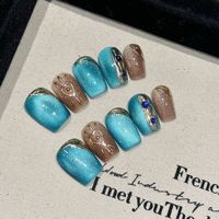 Diseño #2473, venta al por mayor, uñas artificiales, bailarina corta, uñas postizas, cristal francés, Ojo de Gato Azul, prensa en las uñas