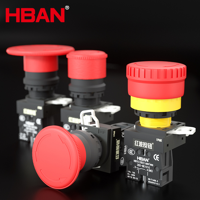 Factory Direct Sale HBAN Brand Emergency Stop Button Switch Waterproof Red Button 22mm Ip65 Self Lock Elevator Safety Switch