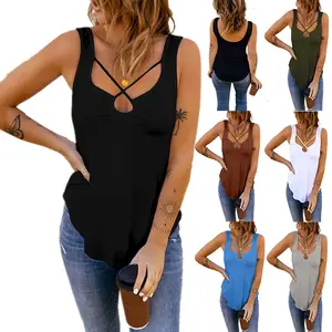 2023 summer women's cross V neck tops solid color hollow out sexy camisole casual tank top