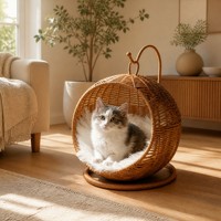 Lit pour chat en rotin naturel artisanal, nid sphérique pour animaux de compagnie avec coussin lavable, maison de luxe en rotin pour chats et petits chiens