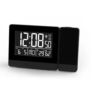 Projection Clock Calendar Alarm Clock Hygrometer Black Square Modern Electronic Clock Desk Thermometer and Indoor