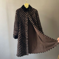 Vente en gros de longs manteaux en laine doublés de col montant à rayures en V pour femmes en fourrure de lapin Rex véritable fourrure de vison