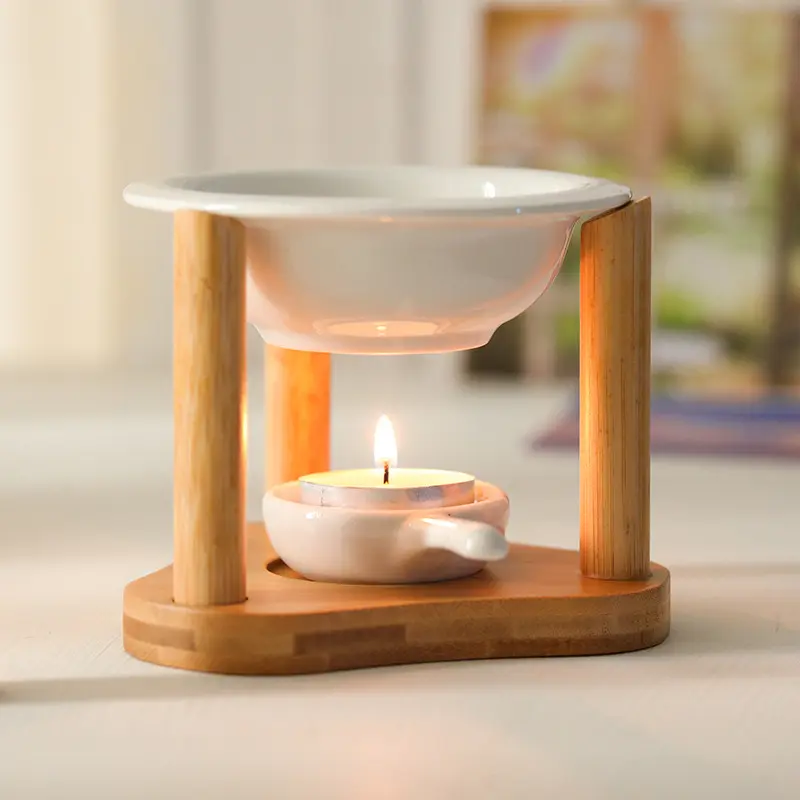 Decorative Cheap Ceramic Aroma Oil Burner with Bamboo Holder