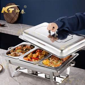 Ensemble <span class=keywords><strong>chauffe</strong></span>-plats rectangulaire en acier inoxydable argenté, avec plateau, réservoir de combustible, couvercle et cadre pliable, pour buffets et restaurants, 9L Royal - Product Image 1