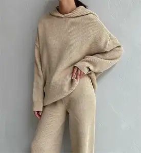 2024 Comfortable Polyester Cashmere Loungewear Ribbed Knitted 2 Two Piece Set Knit Hoodie Sweater Pant Suit For Women