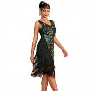 Vestido Flapper de los Años 20 para Mujer, Talla Grande, Estilo Vintage, Cuello en V, Sin Mangas, Estampado de Pavo Real, Bordado, Estilo Gran Gatsby, con Lentejuelas y Flecos - Product Image 2