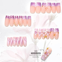 24 faux ongles à presser forme cercueil, motif léopard violet moucheté, paillettes, fleurs 3D, avec lime à ongles, vente en gros, dropshipping