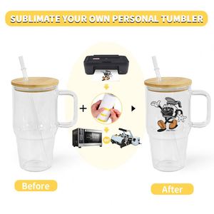 Vaso Personalizado de Vidrio Esmerilado Transparente de 20 oz para Sublimación, Taza con Asa y Tapa de Bambú - Product Image 5