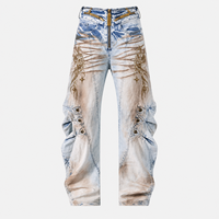DiZNEW Jean Baggy Streetwear en Denim à Triple Fermeture Éclair, Teinture Effet Boue Avant-gardiste, avec Broderie de Perles Cyber Sigilism