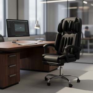 Sedia da Ufficio in Ecopelle Nera D0100H77578 con Funzione Massaggio, Poltrona Direzionale con Base Cromata e Design Girevole - Product Image 2