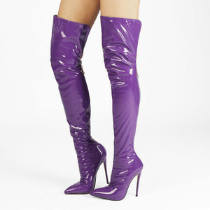 Women Over-the-knee <strong>Boot</strong> Ladies High Heel Shoes Pointed Toe PU Leather Metal Heels Zip <strong>Crotch</strong> Long <strong>Boots</strong>