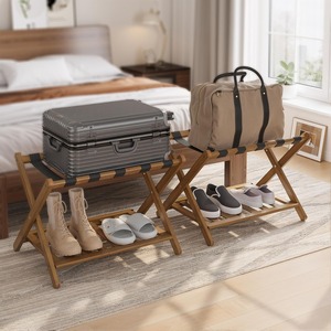 Support pliant pour <span class=keywords><strong>valise</strong></span> en <span class=keywords><strong>bois</strong></span> d'acacia avec rangement et étagère à chaussures – Indispensable pour chambre d'hôtes, chambre à coucher, hôtel - Product Image 3