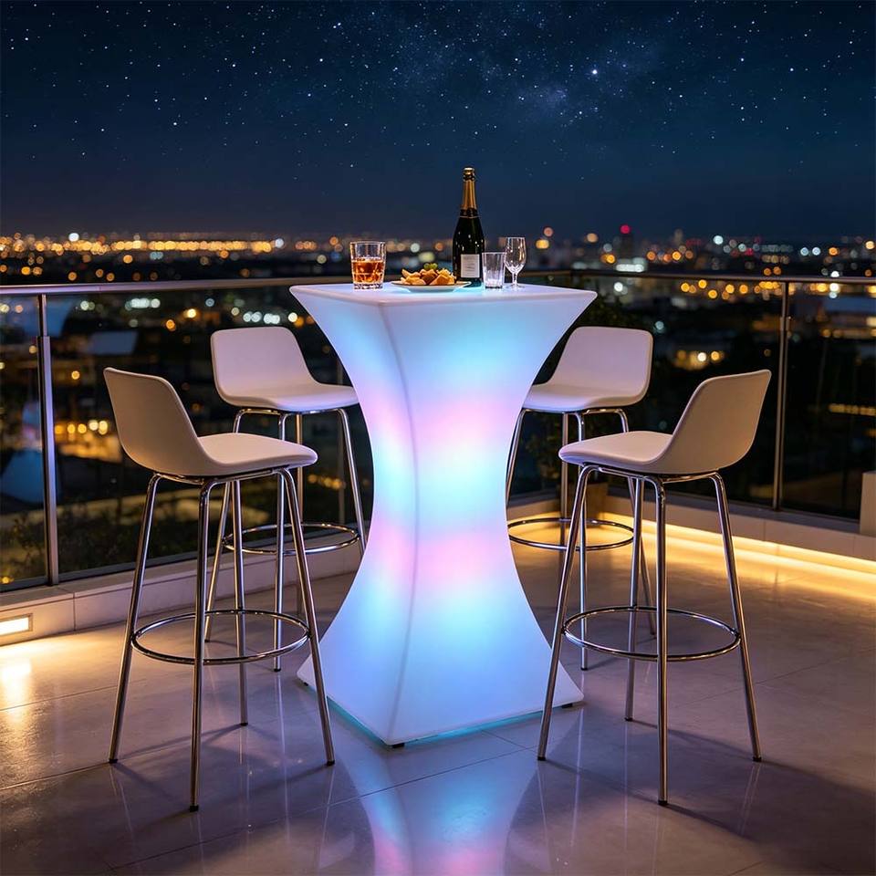 Modern LED Bar Table Round Cocktail Table Plastic Glass Water Resistant ...