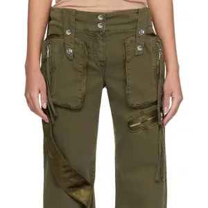 Latest Dark Green Cotton Twill Cargo Pants Women Casual Loose Straight Leg Pants Trousers With Patch Pockets