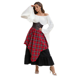 Ensemble haut à manches longues et épaules dénudées pour femme avec jupe midi à taille ceinturée, en mousseline à carreaux, ourlet irrégulier, tenue complète sans étiquette - Product Image 5