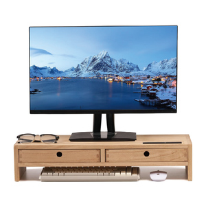 Support d'écran en bois avec 2 tiroirs, rehausseur d'écran d'ordinateur en bois massif pour bureau, étagère d'organisation de bureau avec gestion des câbles - Product Image 1