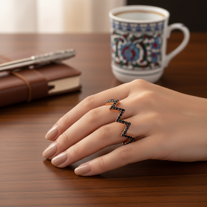 Zigzag Design Black Zircon Stone Modern Ring Turkish Handmade Wholesale Handcrafted 925 Sterling Silver Jewelry - Product Image 3