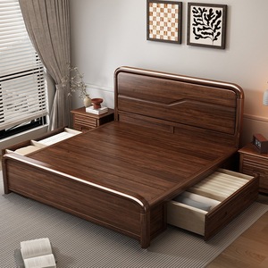 <b>Walnut</b> Solid Wood Storage Bed 1.8M Double Bedroom Furniture With <b>Drawers</b> For Home Use - Product Image 4