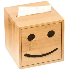Bamboo Square Tissue Box With Smiling Face, Home Living Room, Kitchen Tabletop Decoration For Holding Tissue Small Gifts