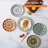 Assiette Bohème Créative en Céramique pour Dîner, Petit-Déjeuner, Salade, Dessert, Sushi, Plat d'Hôtel, Décoration Sous Glaçure, Compatible Lave-Vaisselle et Micro-ondes