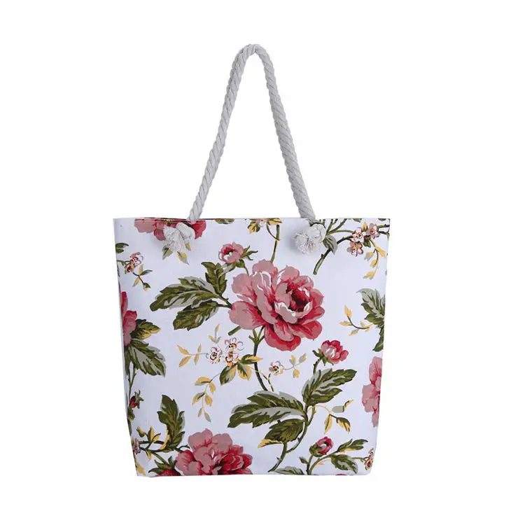 Bolso De compras Floral para mujer, bolsa De lona con correa De cordón