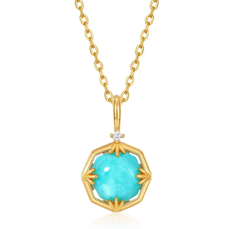 Popular Design Round Amazonite Crystal Blue Gemstone Pendant Sterling Silver Necklace