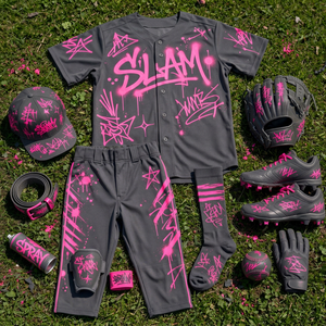 Conjunto de Uniforme de Béisbol Transpirable de Poliéster para Hombre y Mujer, Jersey con Botones, Pantalones, Gorra, Guantes y Tacos, Negro y Rosa - Product Image 1