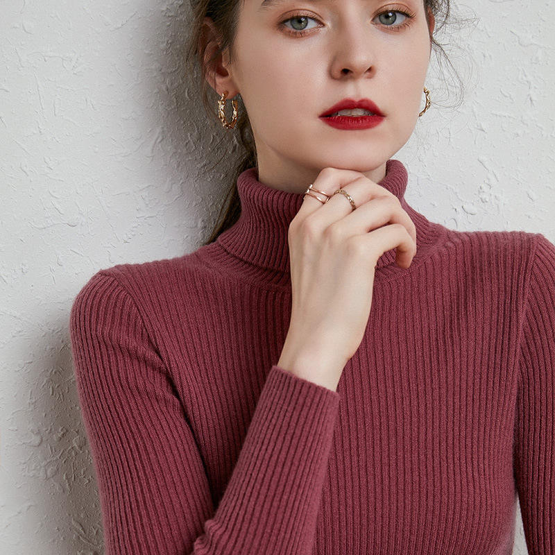 Women High Lapel Cashmere Sweater 100 Pure Wool Long Sleeve Drawstring Slim Fit Bottoming Shirt Oem