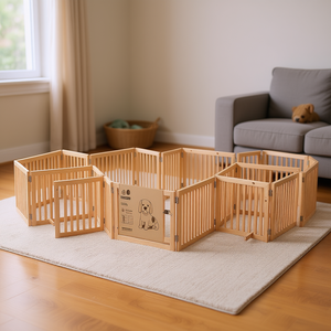 Barreras Plegables para Perros de Madera de Álamo Natural, Corrales Rectangulares para Mascotas con Cierre de Botón a Presión para Interiores - Product Image 2