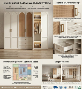 Armoire vintage en rotin cintrée, armoire de chambre de style crème français de luxe avec design rétro - Product Image 3