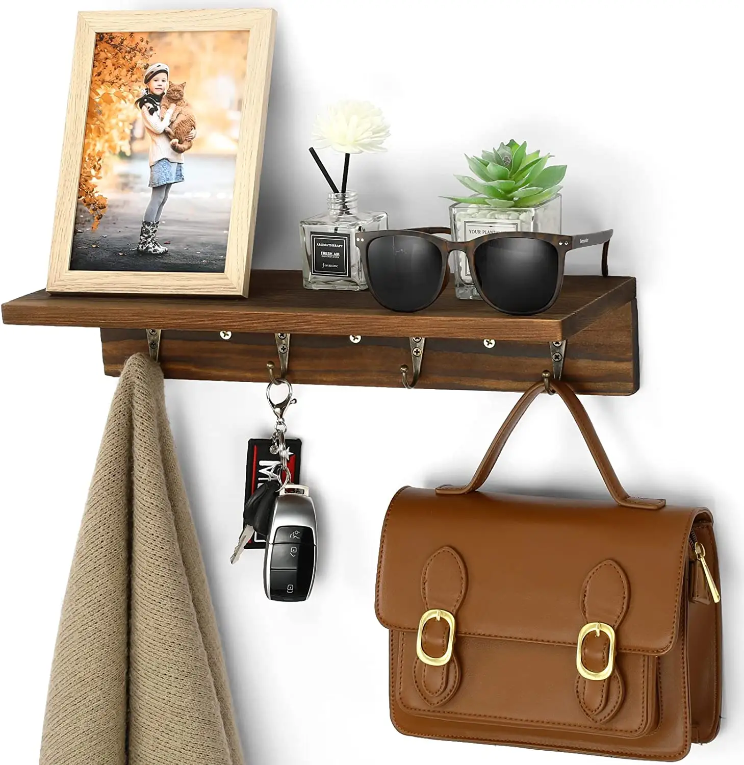 Wood Coat Rack Wall Mount with Shelf with 4 Vintage Metal Hooks and Upper Shelf for Storage