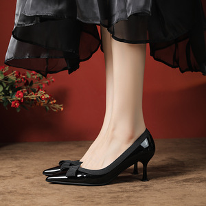 Scarpe da donna 2026 in pelle di pecora francese con tacco alto, modello 3356-19, a punta sottile, con fiocco, per l'autunno, eleganti e comode, a scollo basso, che non stancano i piedi - Product Image 3