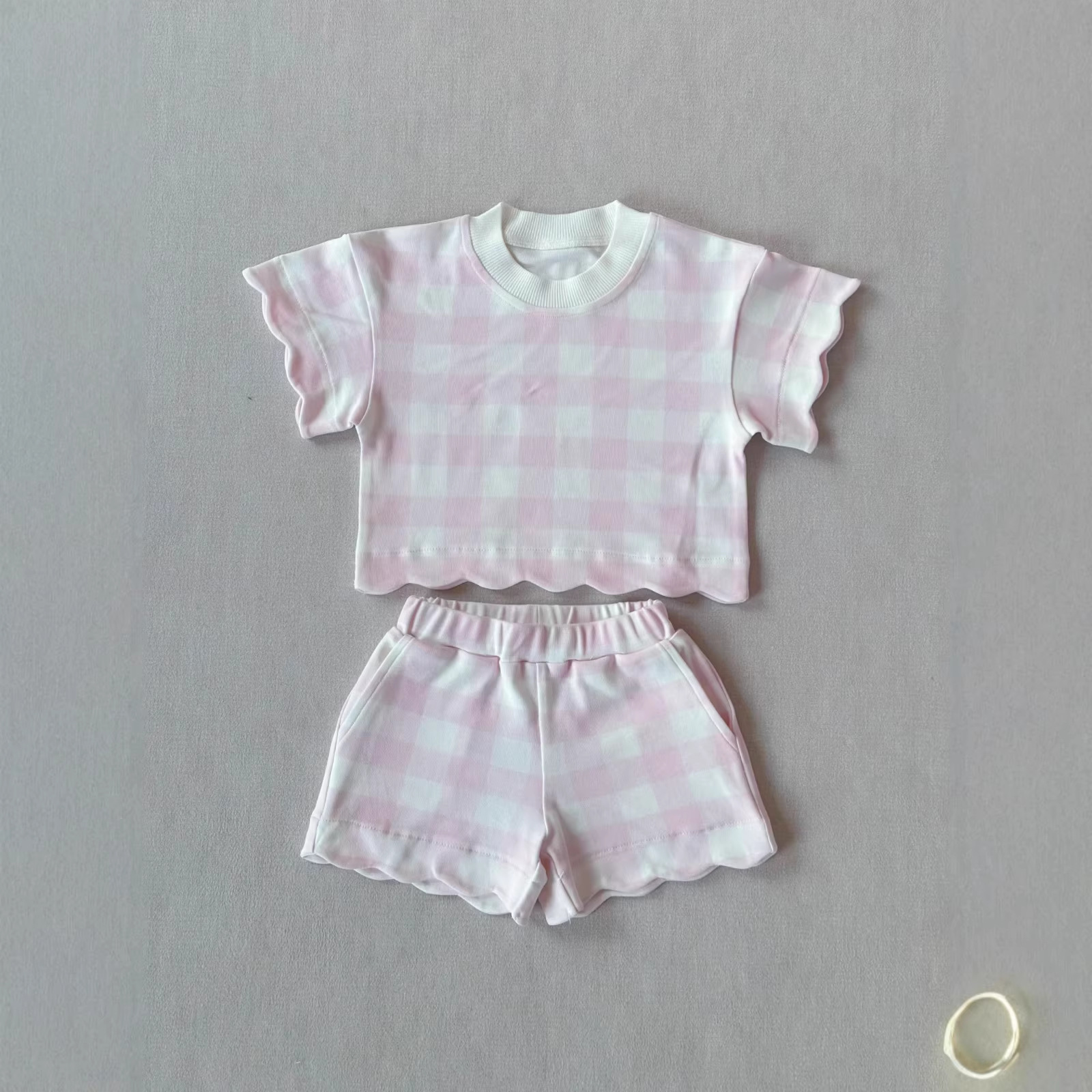 pale pink plaid shorts set