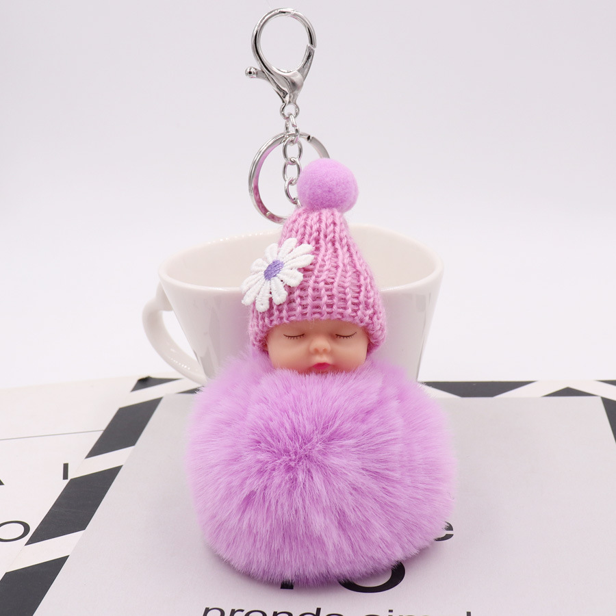 Sweet Girl Baby Doll Toy Cute Sleeping Baby Doll Key Chain for Women Bag Toy Key Ring Fluffy Pom Pom Faux Fur Plush Key Chains