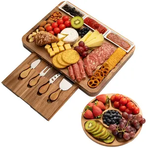 Luxury Kitchen Wooden Cheese Platter Serving Tray Acacia Cutting Board Wood Charcuterie Board Wood Cheese Board Set With Drawer