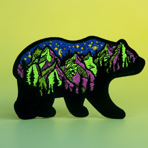 Bear Shape Embroidered Patch With Mountain Scene Iron-On Applique For Gifts - Product Image 1
