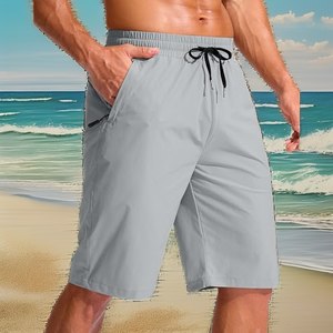 Summer Men's Breathable Woven Beach Shorts Drawstring <b>Elastic</b> Waist Straight Leg Solid Color Lightweight Casual Shorts - Product Image 2