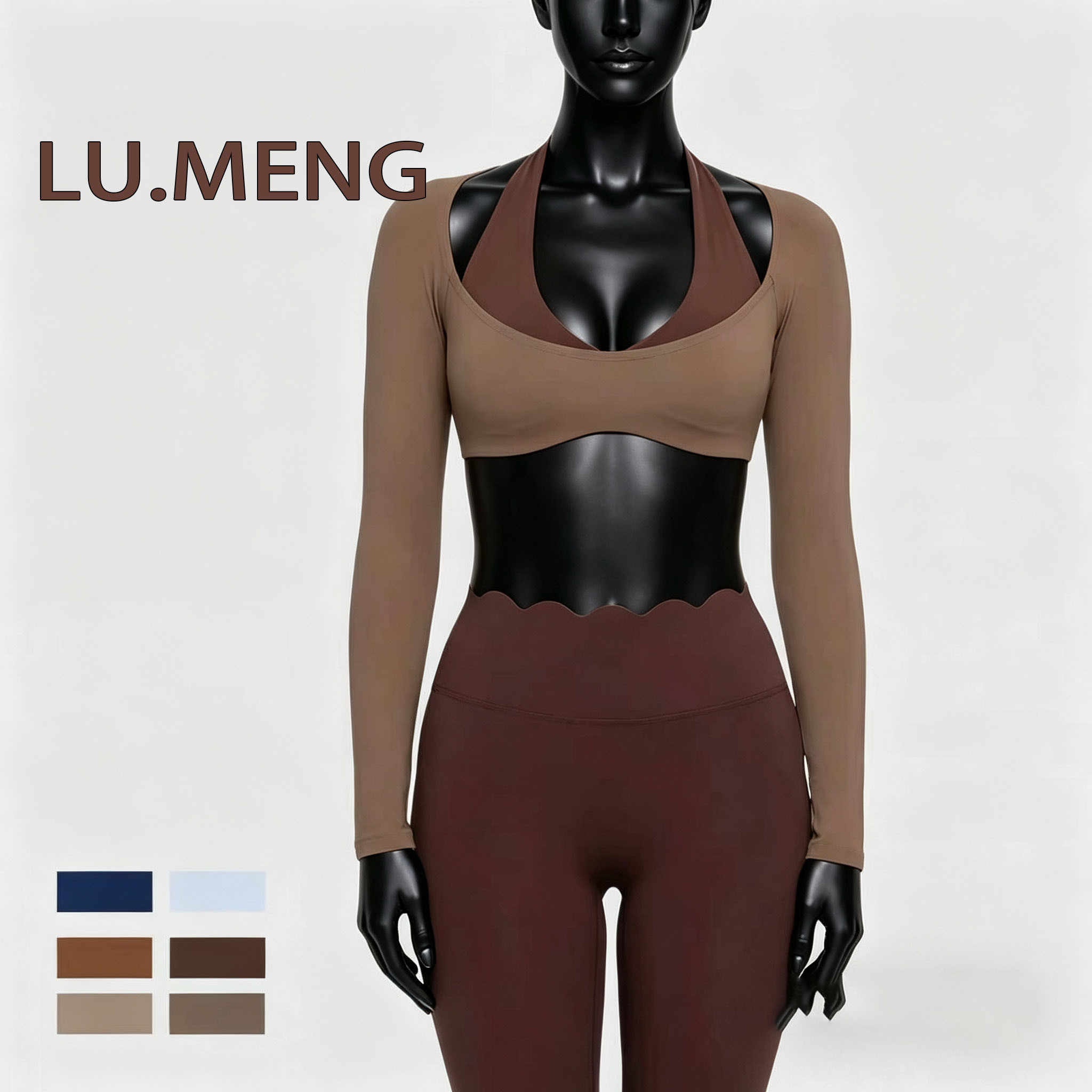 Women's Color Block Two-Piece Sports Long Sleeve Halter Neck Pilates Yoga Top Slim Fit Sweat-Wicking Wrinkle-Resistant Fitness