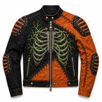 Blouson Moto Homme AW27 Asymétrique Color Block Imprimé Squelette Éclair Vert Gothique Streetwear Clous Métalliques Personnalisé OEM ODM