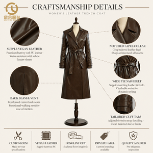 Cappotti <span class=keywords><strong>Trench</strong></span> Vintage di Alta Qualità OEM per <span class=keywords><strong>Donna</strong></span>, Extra Lunghi in <span class=keywords><strong>Ecopelle</strong></span>, Abbigliamento Autunnale con Fodera in Poliestere, Tinta Unita - Product Image 3