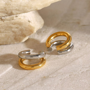 Non Tarnish Designer 14k 18k PVD Gold Plated 316l Stainless Steel Double C Fashion StJewelry Cc Non Piercing <b>Earrings</b> for Women - Product Image 3