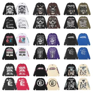 Camiseta de Manga Larga Unisex de Algodón Puro Lavado con Estampado Geométrico de Letras de la Marca Hell Star, Estilo Urbano Holgado, Impresión 3D, Tendencia 26S - Product Image 1