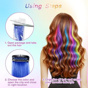 32 PCS Clip in Colored Hair Extensions for Kids, 20 Inches <b>Rainbow</b> Long Straight Hairpieces Synthetic - Product Image 3