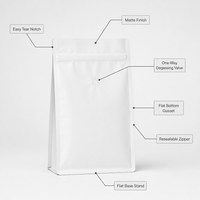 Sachets à fond plat à valve anti-humidité pour l'emballage de grains de café, sacs refermables pour l'emballage de snacks et de noix - Vente chaude