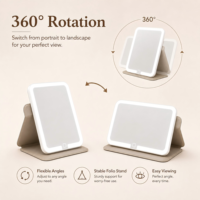 Miroir de maquillage compact pliable avec lumières LED, housse en cuir PU, lumière à gradation progressive 3 couleurs, mémoire pour les voyages
