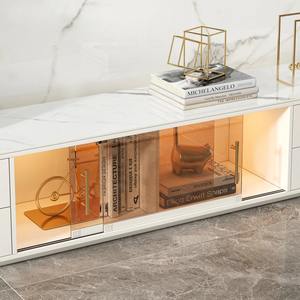 Lemari TV Persegi Panjang Kayu Putih Kustom dengan Finishing Atas Sinter Putih yang Kokoh, 4 Laci, dan Pintu Kaca untuk Ruang Tamu - Product Image 5